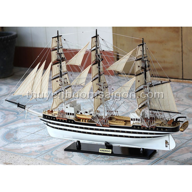 Mô hình thuyền buồm gỗ mỹ nghệ trang trí Amerigo 108cm gỗ tự nhiên, quà tặng khai trương tân gia sinh nhật