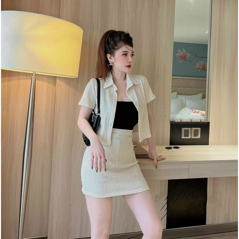 [HCM] Sét 3 Món Chân Váy Có Lót Phối Áo Sơ Mi Tay Ngắn Thời Trang Nữ Sam Closet Free Size 40-55kg