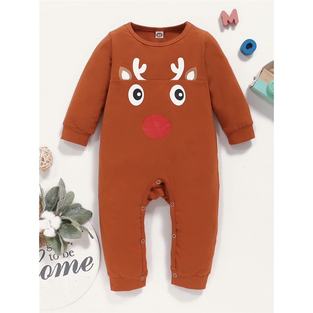 Bộ Áo Liền Quần Tay Dài In Hình Hươu Dễ Thương Cho Bé Trai Sơ Sinh