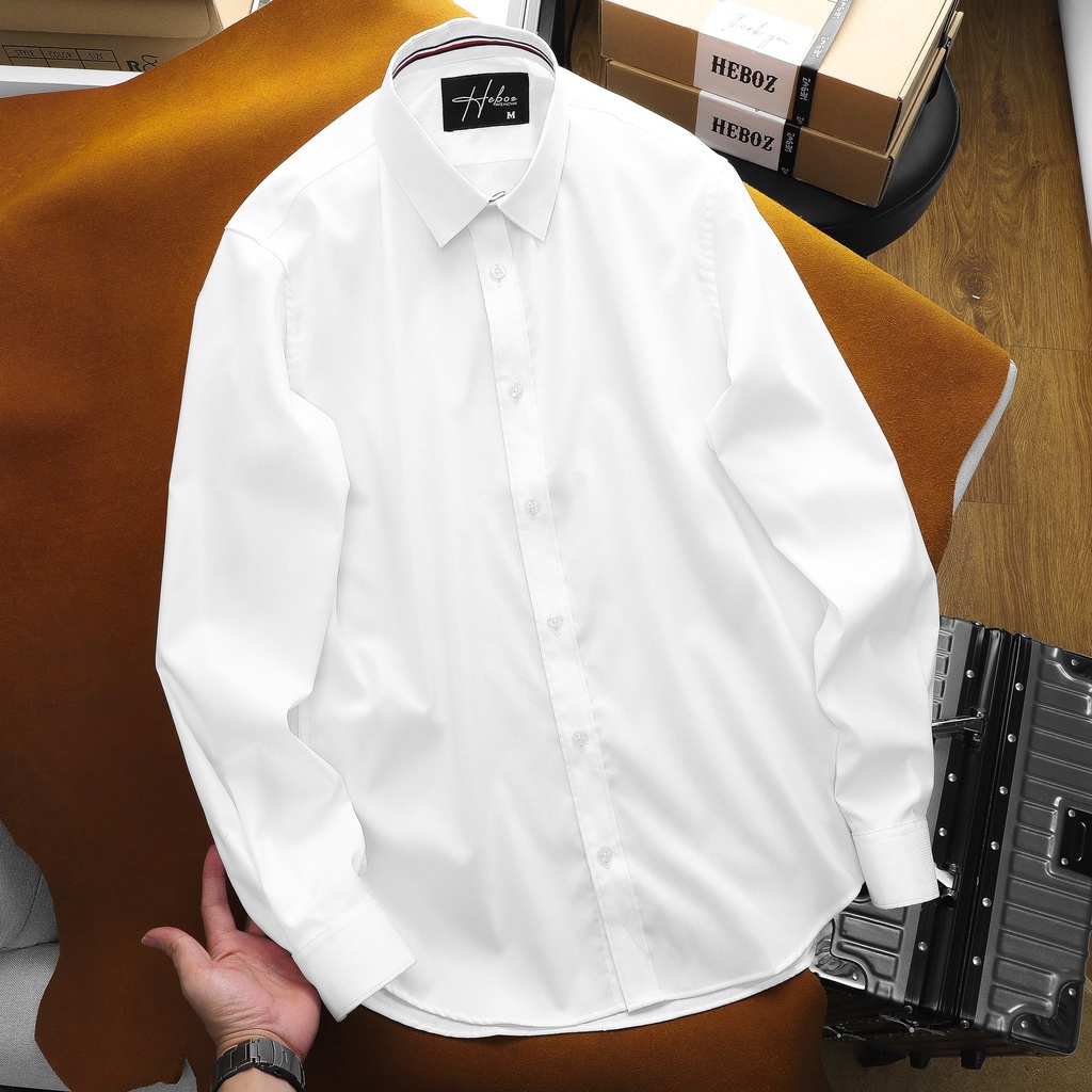 Sơ mi nam tay dài HEBOZ màu trắng trơn, chất vải sợi gân sọc dọc mang thoải mái, lên dáng thanh lịch 03 - 00001081