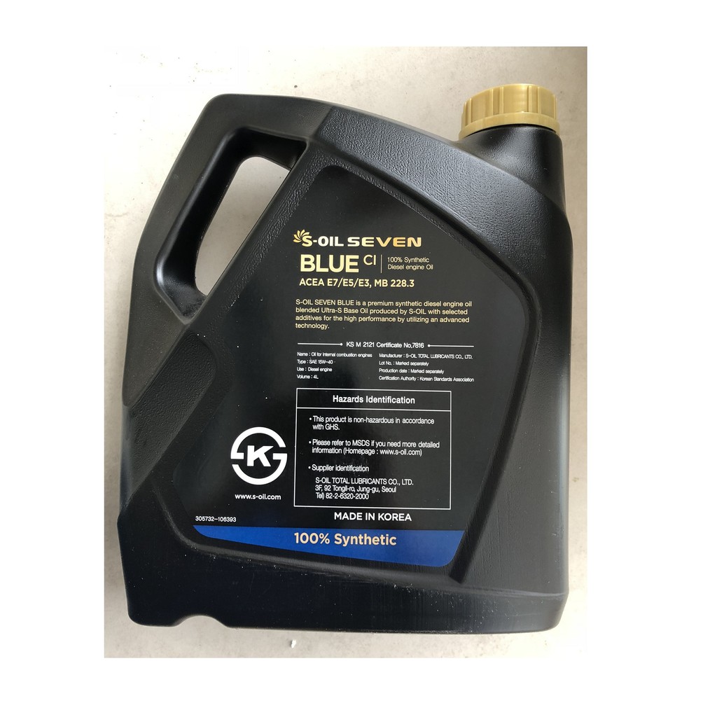 Dầu nhớt tổng hợp cho xe ô tô máy dầu Diesel S-Oil 7 Blue CI-4 15w-40 Fully Synthetic 4L (Hàn Quốc)