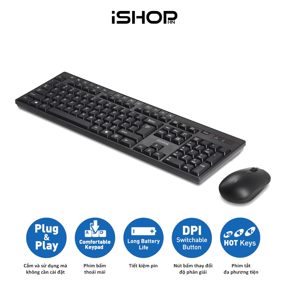 Bộ bàn phím chuột không dây Prolink PCWM7005 Fullsize, chống thấm nước, 14 phím Hotkey, tiết kiệm pin, giá rẻ