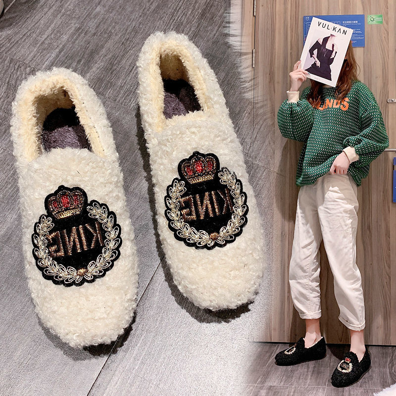 Giày lười bằng lông cừu giữ ấm tốt đế bằng êm chân