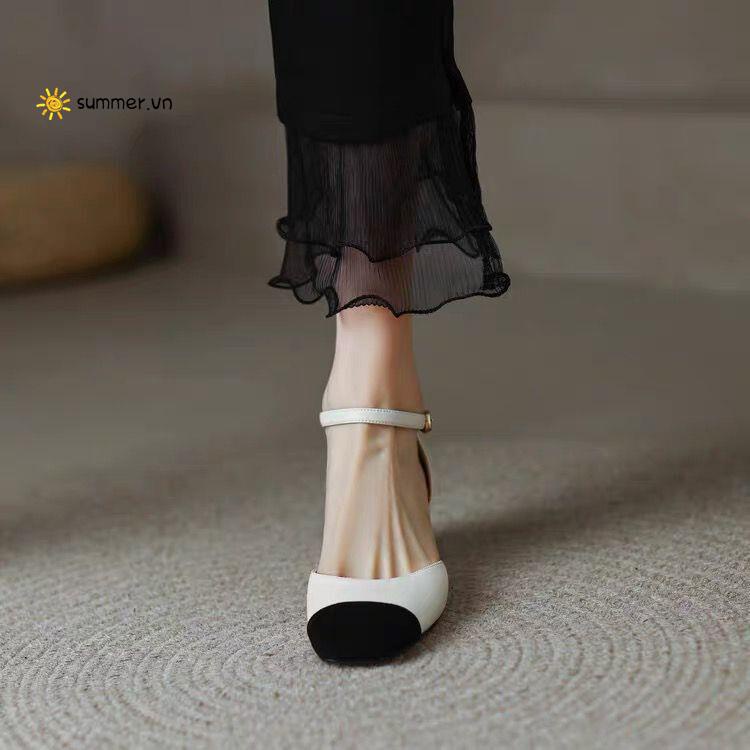 Giày cao gót da mềm mũi vuông thời trang nữ mùa hè 2022