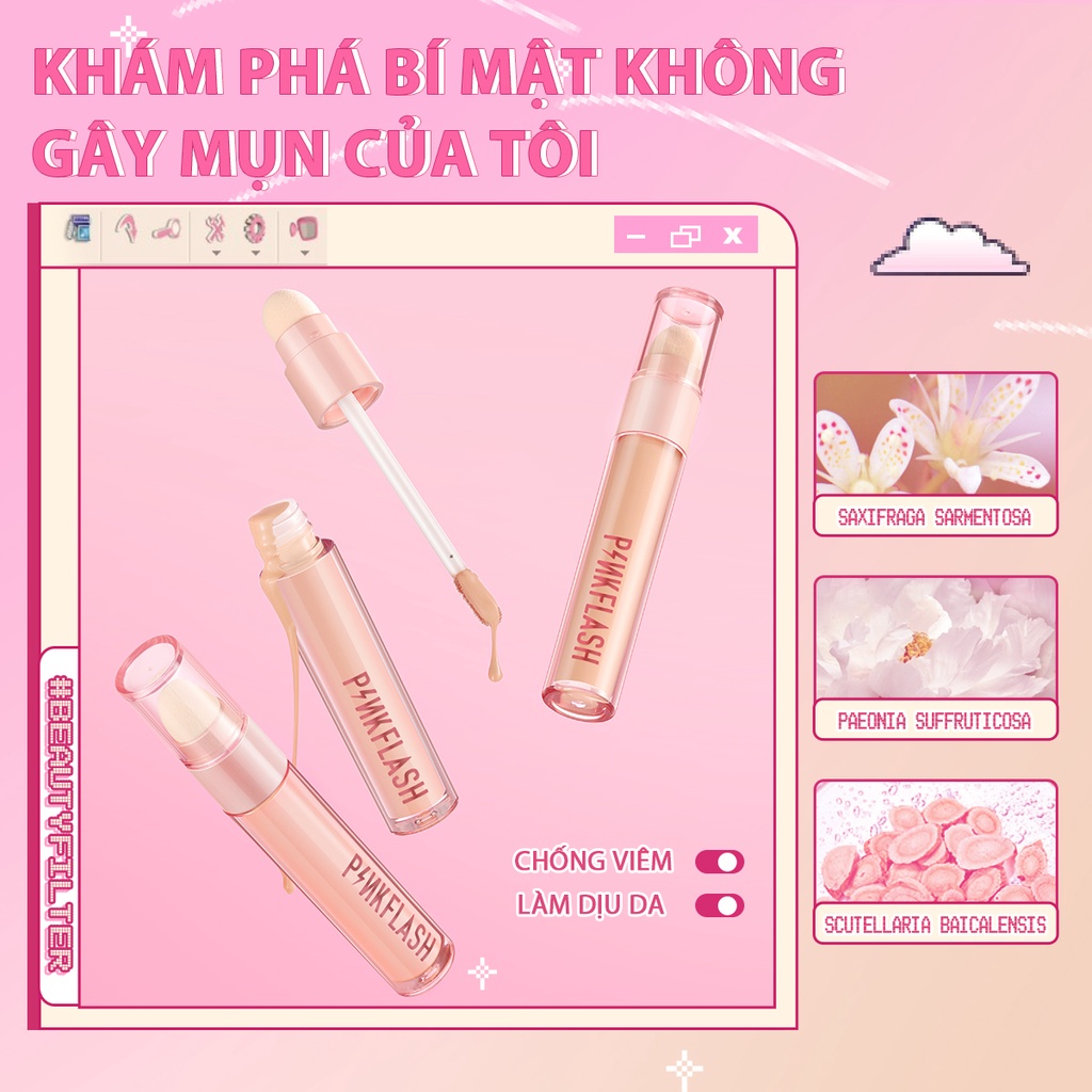 Kem che khuyết điểm PINKFLASH HD dạng lỏng không tì vết lâu trôi không phai màu dưỡng ẩm thoáng khí 40g chất lượng cao