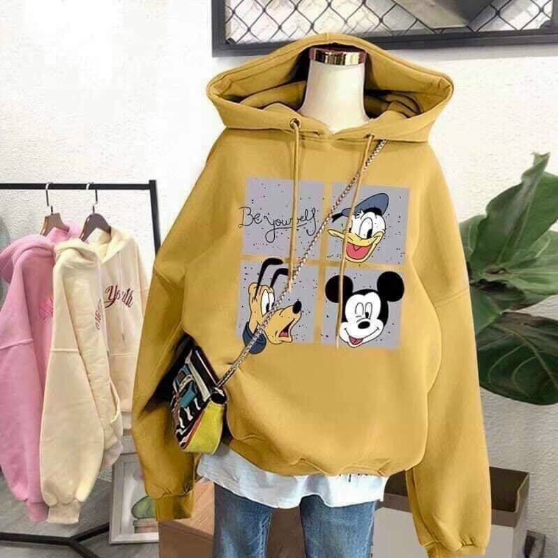 Áo hoodie chui nam nữ có nón họa tiết ba màu be, vàng, đen