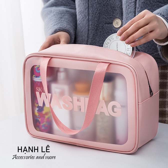 Bộ 3 túi Washbag Hồng trọn bộ để đi du lịch, đi chơi, chống thấm nước và bụi bẩn tốt, chất liệu PU trong suốt