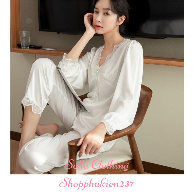 Hàng Cao Cấp Đồ Bộ Ngủ Pijama Lụa Mềm Mịn Cổ Tim Phối Viền Ren Tay Dài Quần Dài - Mã ADQD01