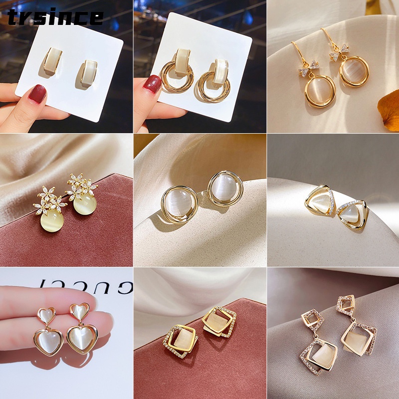 Bông Tai Mạ Bạc 925 Hình Vuông Đính Đá Opal Đơn Giản
