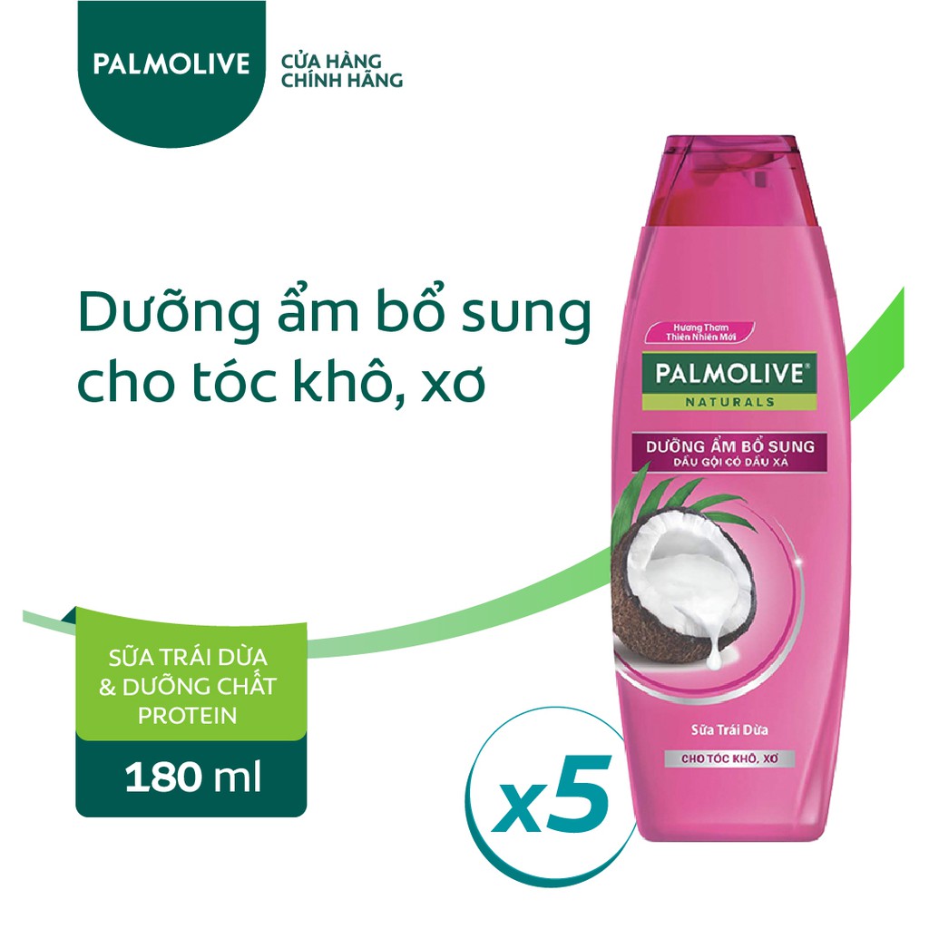 Bộ 5 Dầu gội có dầu xả Palmolive Dưỡng Ẩm bổ sung từ sữa dừa 180ml/chai