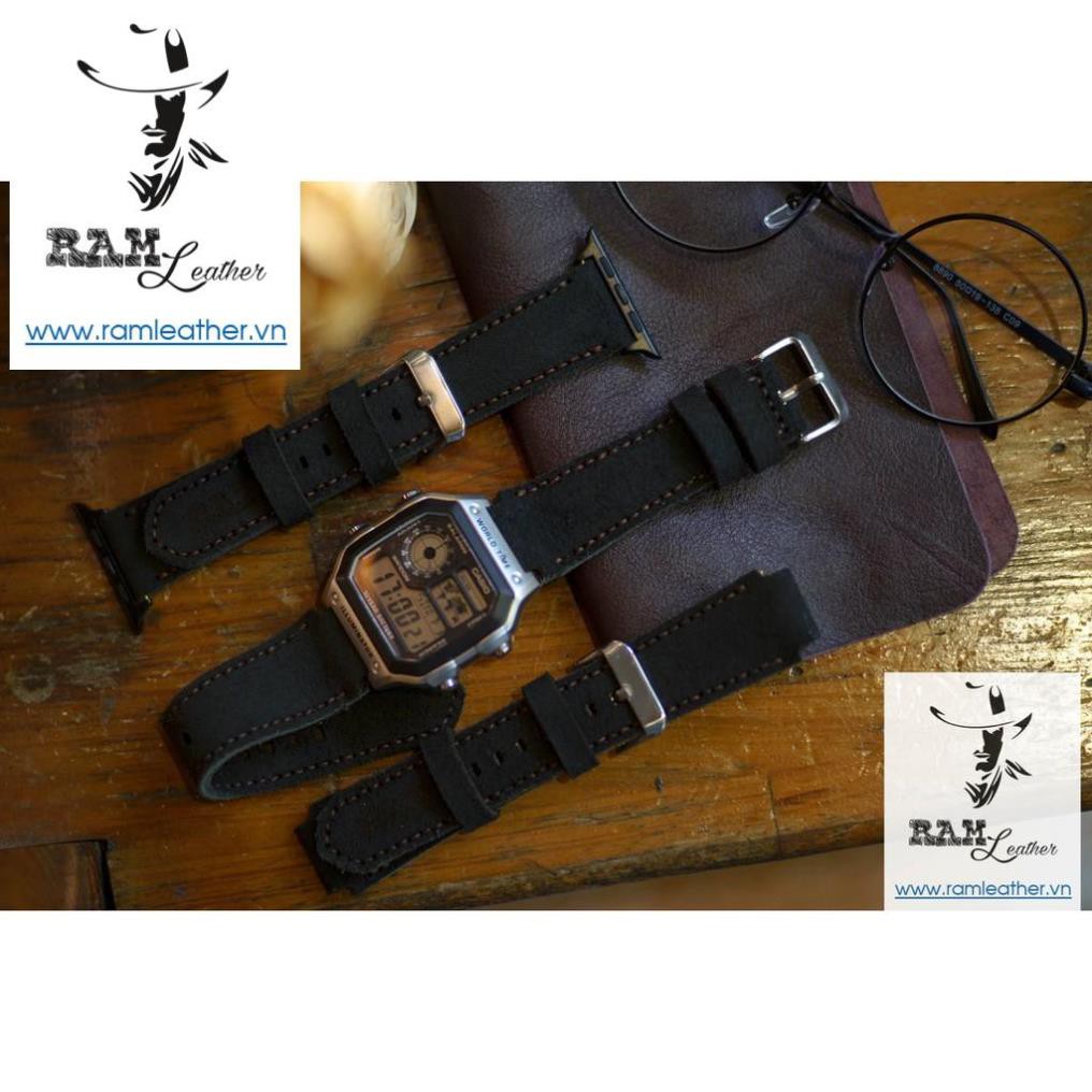 (CHẤT) DÂY ĐỒNG HỒ DA BÒ THẬT CASIO AE1200/SEIKO5 RAM 1966 DA LỘN ĐEN-CHÍNH HÃNG RAM LEATHER . .