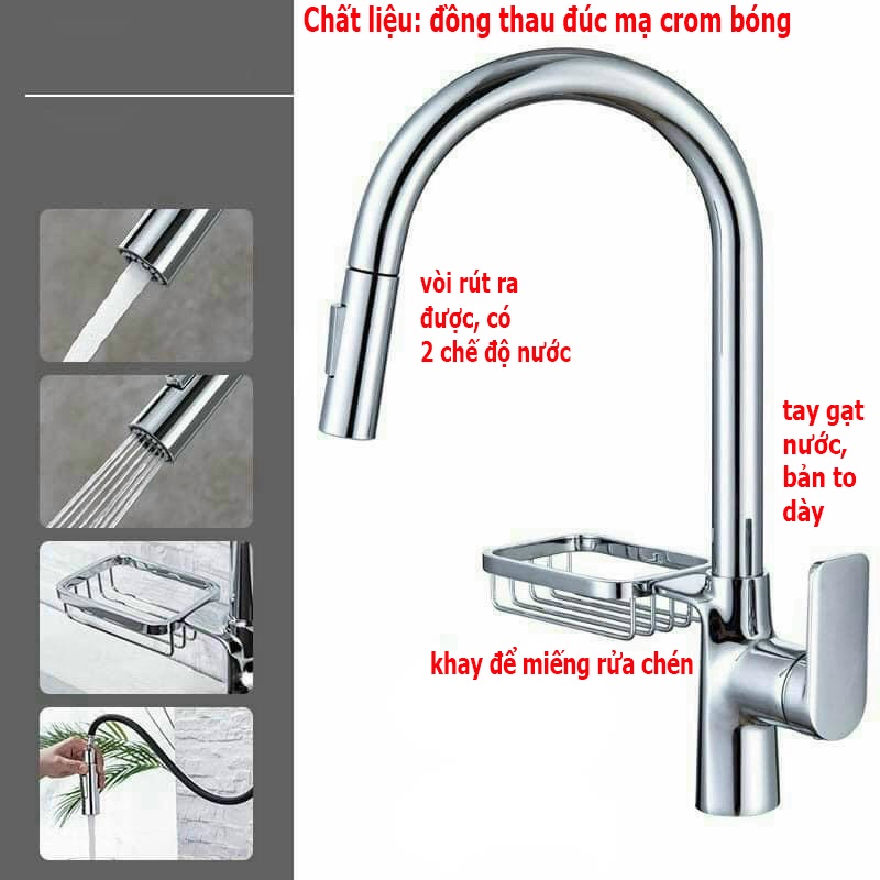 [LOẠI 1 SIÊU BỀN] Vòi Rửa Chén Bát Nóng Lạnh VÒI RÚT ĐỒNG THAU MẠ CROM SÁNG BÓNG có khay để miếng rửa bát