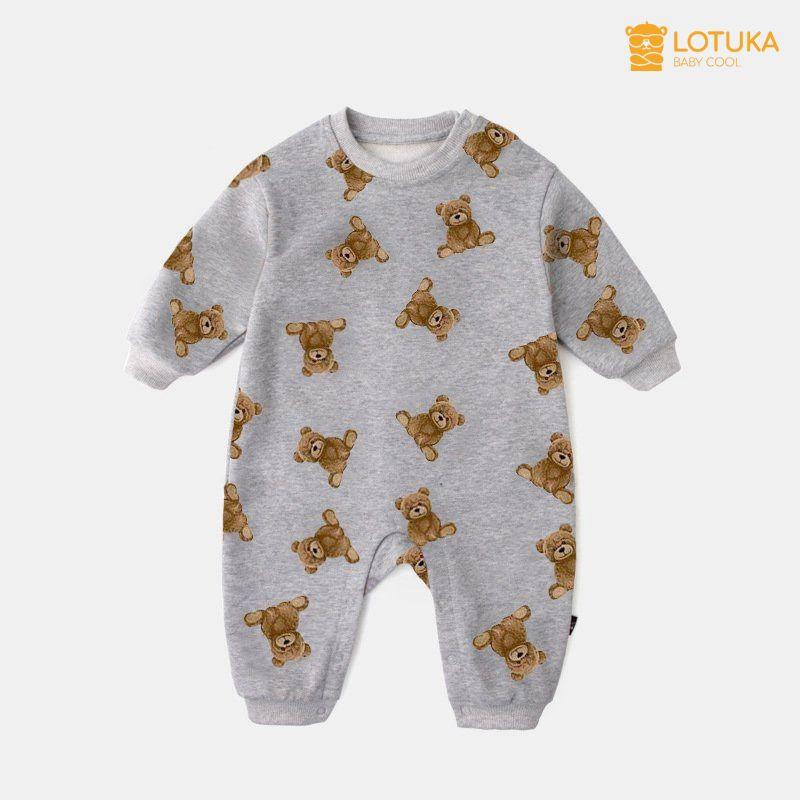 Body dài tay cho bé LOTUKA hình gấu dễ thương, bodysuit thu đông size từ 3-12kg