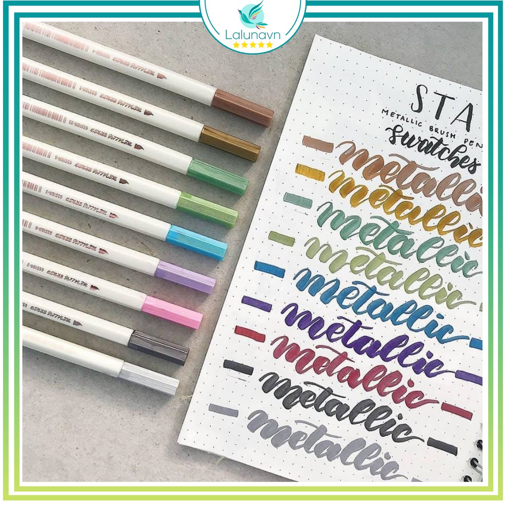Bút lông mềm cây lẻ 10 màu sắc đầu Brush có nhũ STA Metallic Marker Pen