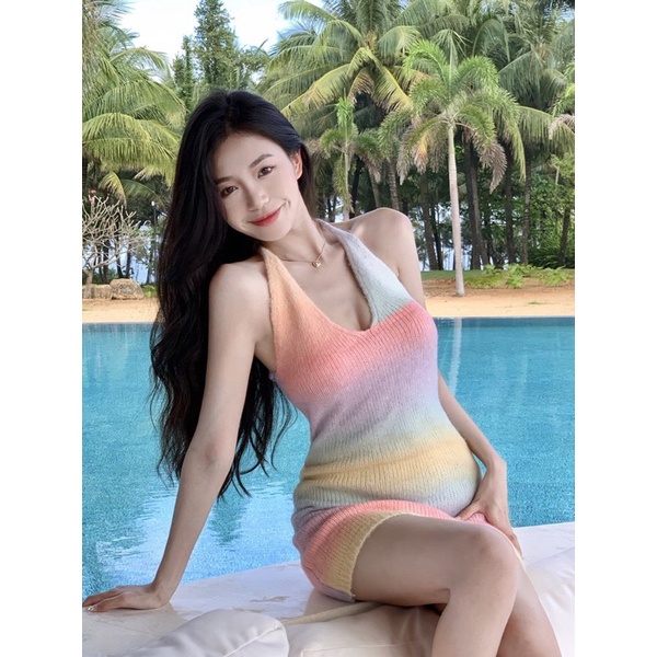 Đầm cổ yếm len QC mỏng nhẹ