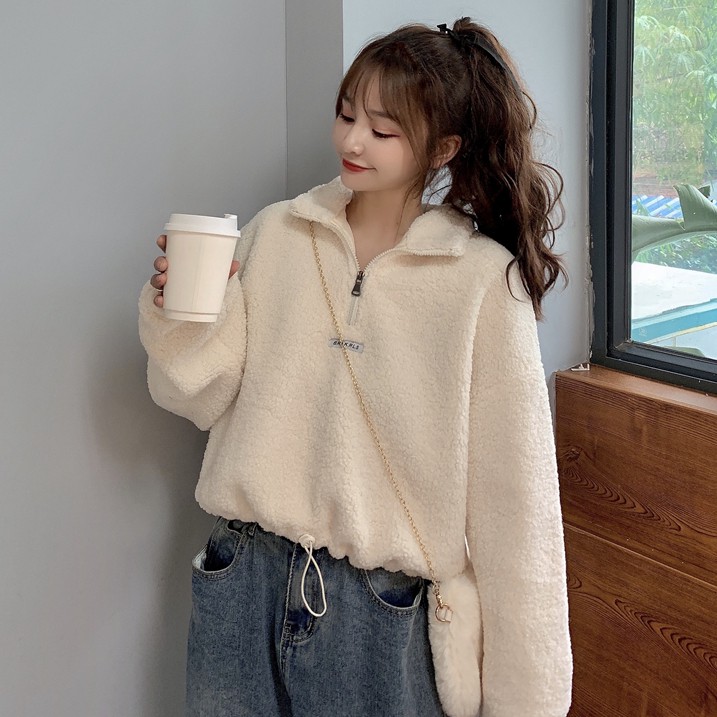 áo lông cừu khóa cổ áo chun bo