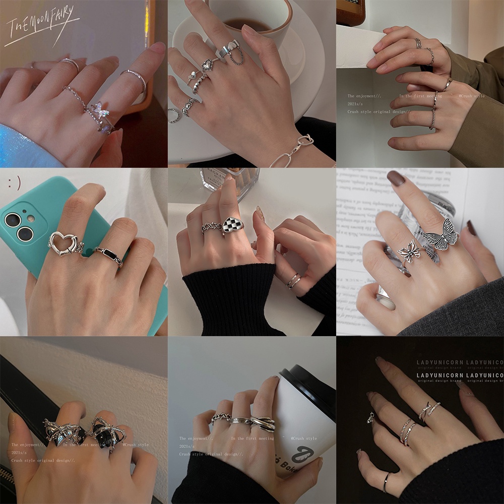 Set nhẫn nữ AY màu bạc nhiều kiểu dáng thời trang