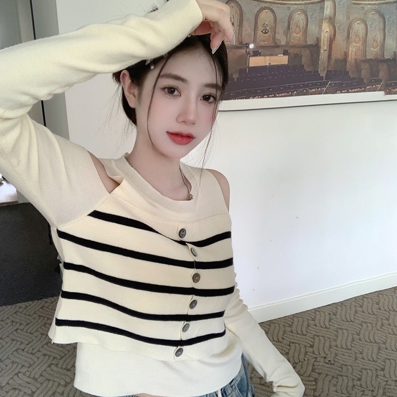 Áo Len Tay Dài Trễ Vai Họa Tiết Sọc Theo Phong Cách Hàn Quốc
