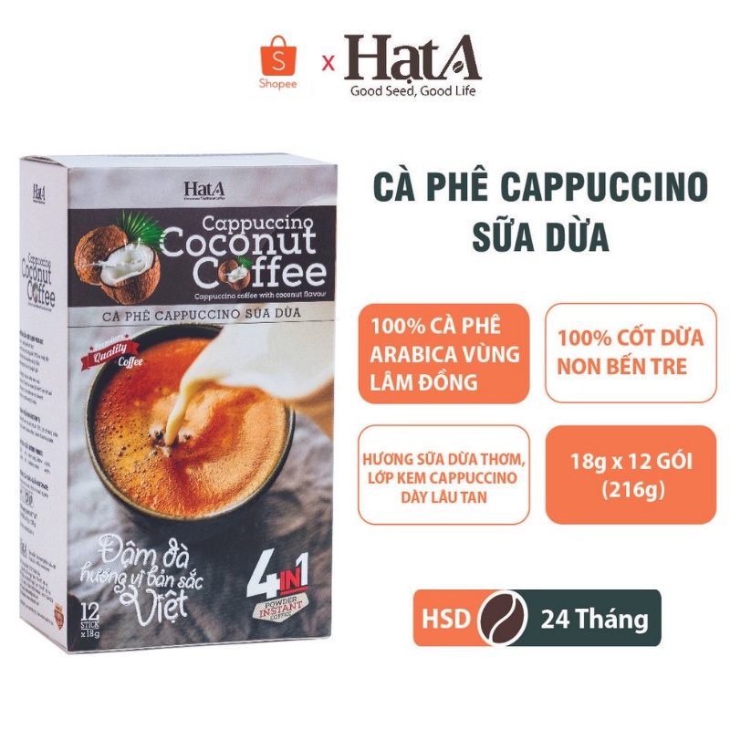 Combo 5 gói cà phê hòa tan Cappuccino Hạt A Cafe 4in1 vị sữa dừa tự nhiên