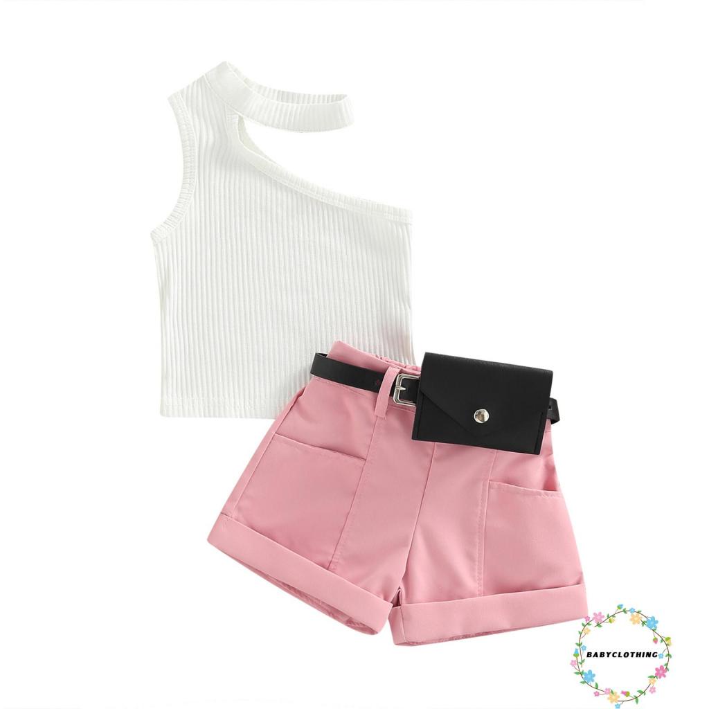 Set Áo Thun Không Tay + Quần Short + Túi Đeo Hông Thời Trang Cho Bé Gái