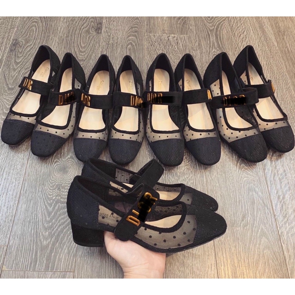 Giày nữ gót vuông 3 phân giày gót vuông lưới quai ngang chữ DRR siêu xinh