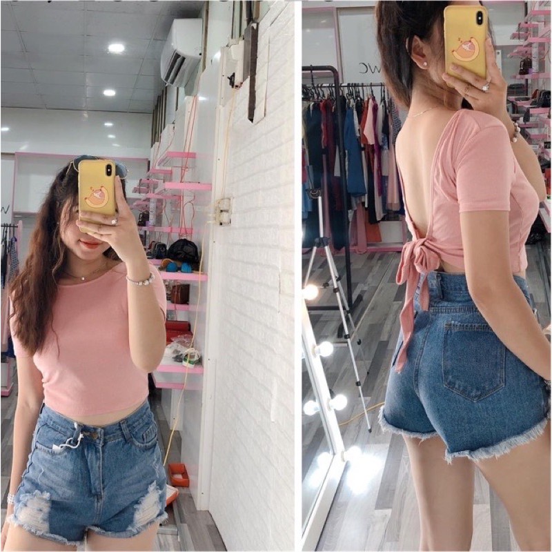 Áo kiểu nơ lưng thun gân kèm sẵn mút ngực | BigBuy360 - bigbuy360.vn