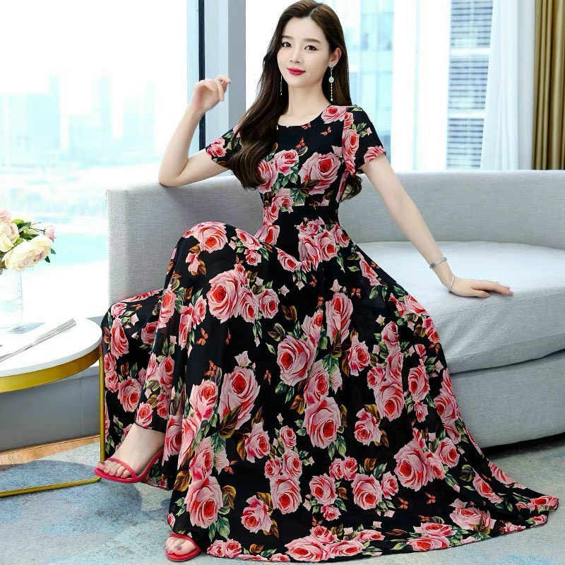 [HCM] Đầm Maxi Voan Chingfon 2 Lớp Họa Tiết Hoa Hồng Thời Trang Nữ Sam Closet Free Size 40-55kg