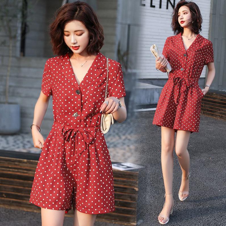Jumpsuit chấm bi cổ vest - BOBEO050
