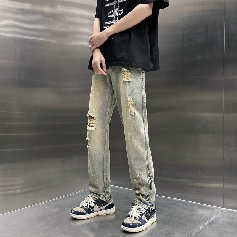 Quần Jean Xanh Bạc Rách Gối Kèm Khóa Zipper Siêu Đẹp