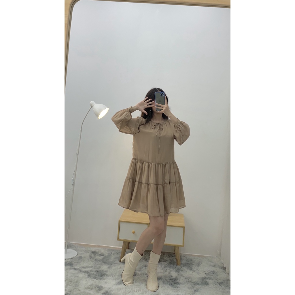 Váy Babydoll nữ dài tay phối nơ ngực [2 lớp] Đầm nữ bánh bèo chất tơ mịn V-BB | BigBuy360 - bigbuy360.vn