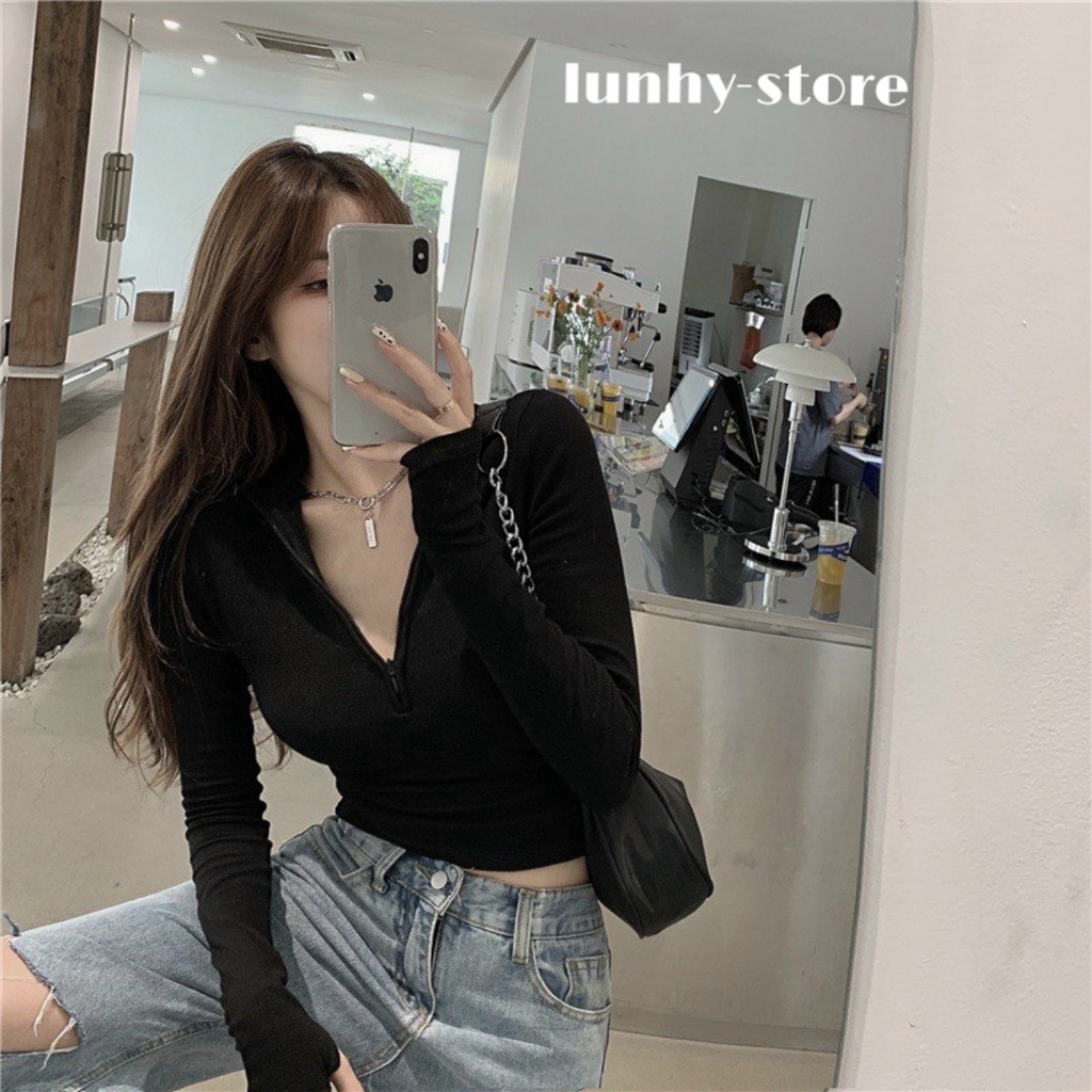 Áo Kiểu Nữ Croptop Cổ Khoá Kéo Tay Dài Dáng Ôm Gọn Dáng Chất Lụa Mỏng Mịn Thoáng Mát Dễ Phối