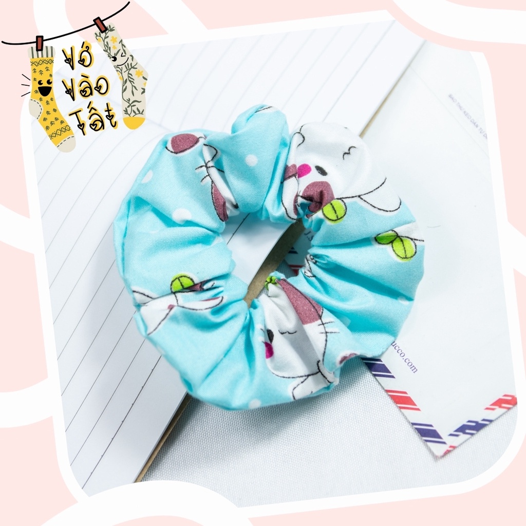 Buộc tóc scrunchies vải đũi trơn họa tiết thú hoạt hình dễ thương
