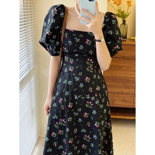 Váy hoa nhí đầm nữ maxi  dài tay phồng cổ vuông đi biển Firstdateclothing