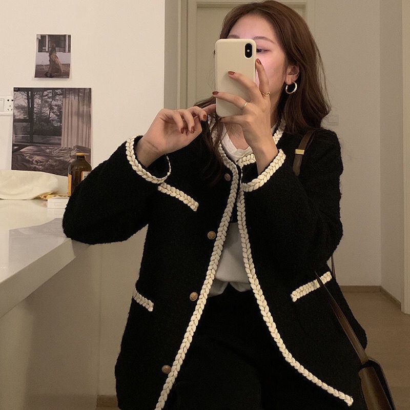 Áo khoác cổ tròn dáng rộng phong cách Hàn Quốc thanh lịch dành cho nữ