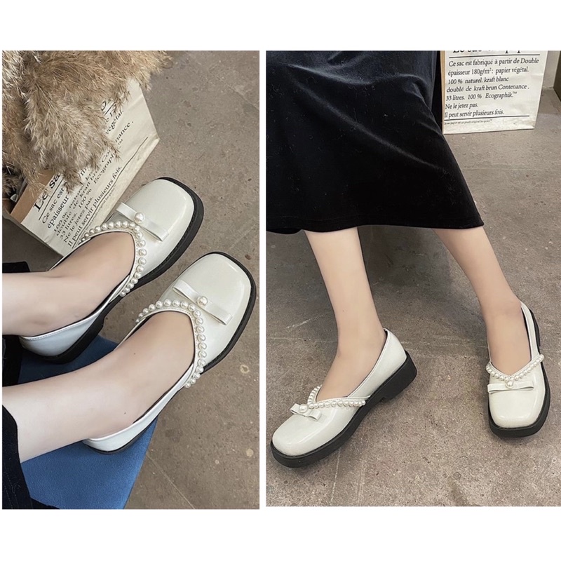 Giày búp bê nữ đính ngọc mũi vuông, giày nữ tiểu thư lolita xinh xắn đế cao 3P