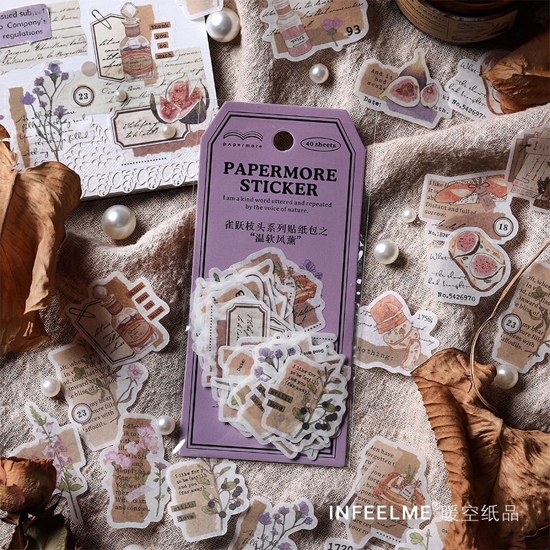 S78 - Set 20 stickers washi nhánh cây hoa quả vintage cổ điển PaperMore trang trí sổ bullet journal, junk journal