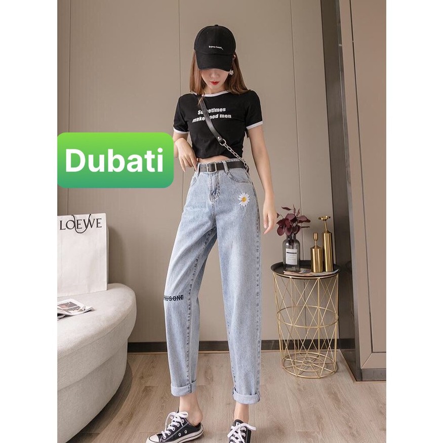 QUẦN JEAN NỮ BAGGY LƯNG CAO THUÊ HOA CÚC, CHỮ GỐI SIÊU HOT - DB 97- DUBATI FASHION