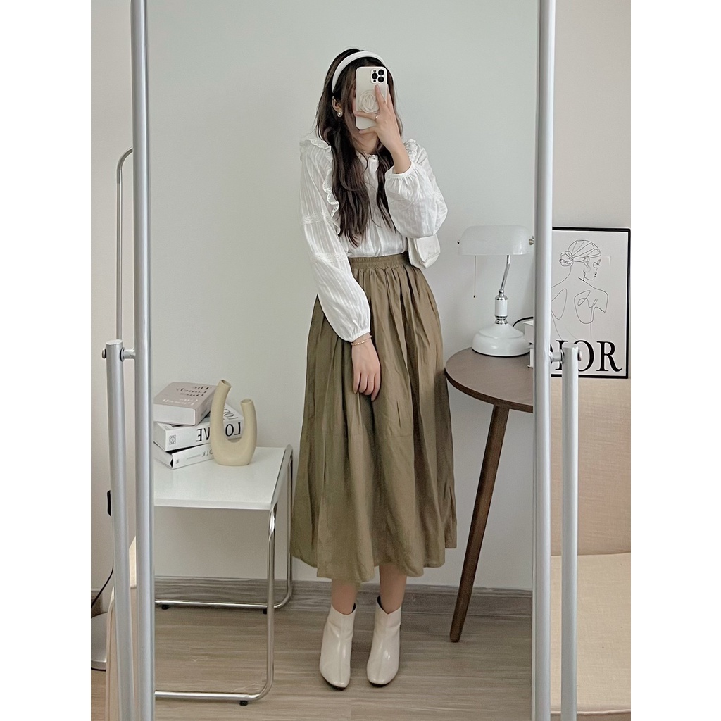 Chân váy midi 2 tầng voan tơ , chân váy voan tơ  3 màu cơn bản , nâu , đen , be