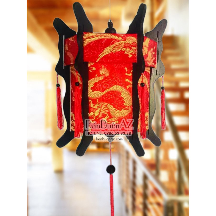 Đèn lồng gỗ lục giác bọc vải gấm cao cấp Size 30cm
