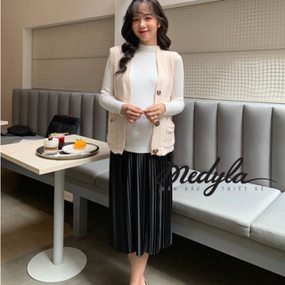 Chân váy bầu xếp ly lụa gân Thượng Hải - Chân váy midi xếp ly thiết kế Medyla - CV03