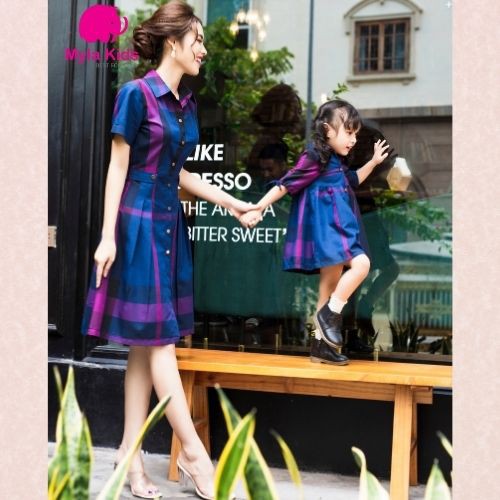 Đầm đôi mẹ bé gái họa tiết kẻ bbr màu xanh tím thiết kế tay lửng cổ sơ mi chất liệu cotton nhật cao cấp Myla Kids