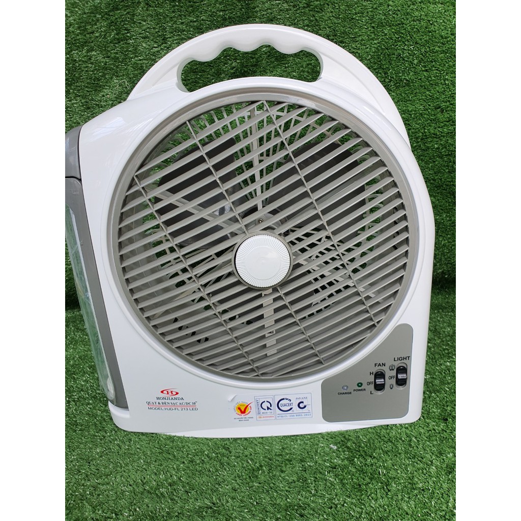 Quạt sạc tích điện dạng hộp AC&amp;DC 10 inch Honjianda FL213 1-2 bình Có đèn LED &amp; USB
