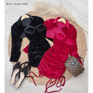 Set áo khoác nhung đầm body cúp ngực