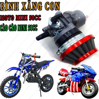 Bình xăng con moto mini 50cc | Chế hòa khí xe cào cào 49cc | Có lọc gió nhôm CNC, Bô E
