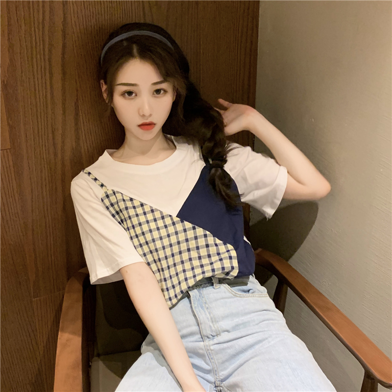 Áo Thun Ngắn Tay Phối Áo Ca Rô Trẻ Trung Dành Cho Nữ