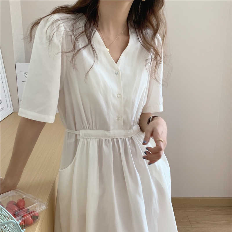 SUXI Đầm Midi Cổ Chữ V Màu Sắc Đơn Giản Phong Cách Hàn Quốc Cổ Điển Thời Trang Cho Nữ