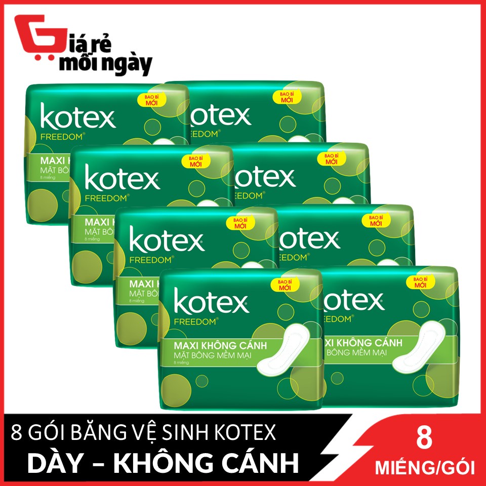 Combo 8 Băng Vệ Sinh Maxi 23cm Không Cánh Kotex FreeDom Mặt Bông Mềm Mại 8 miếngx8