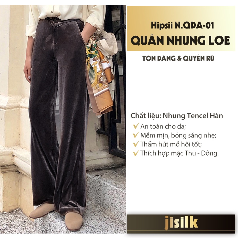 Quần ống rộng nữ jisilk dáng suông lưng cao loe gấu đen nâu tím vải nhung thu đông Hipsii N.QDA-01