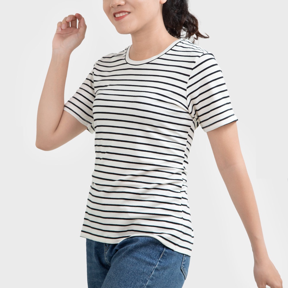 Áo thun nữ cổ tròn TOLI, chất cotton 4 chiều mềm mịn, co dãn, form suông cơ bản, sọc ngang 1cm [NHIỀU MÀU]