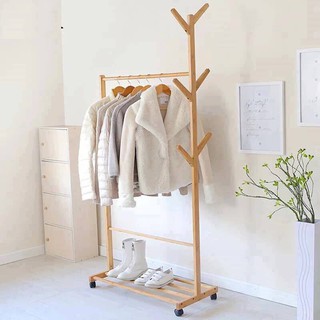 Tủ kệ treo quần áo, để giày dép di động bằng gỗ cao cấp kèm móc treo thông minh có bánh xe